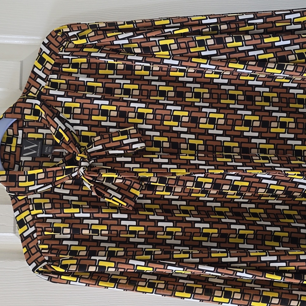 WORTHINGTON WOMENS PETITE PLUS BROWN & YELLOW SYMMETRICAL BLOUSE SIZE PXXL